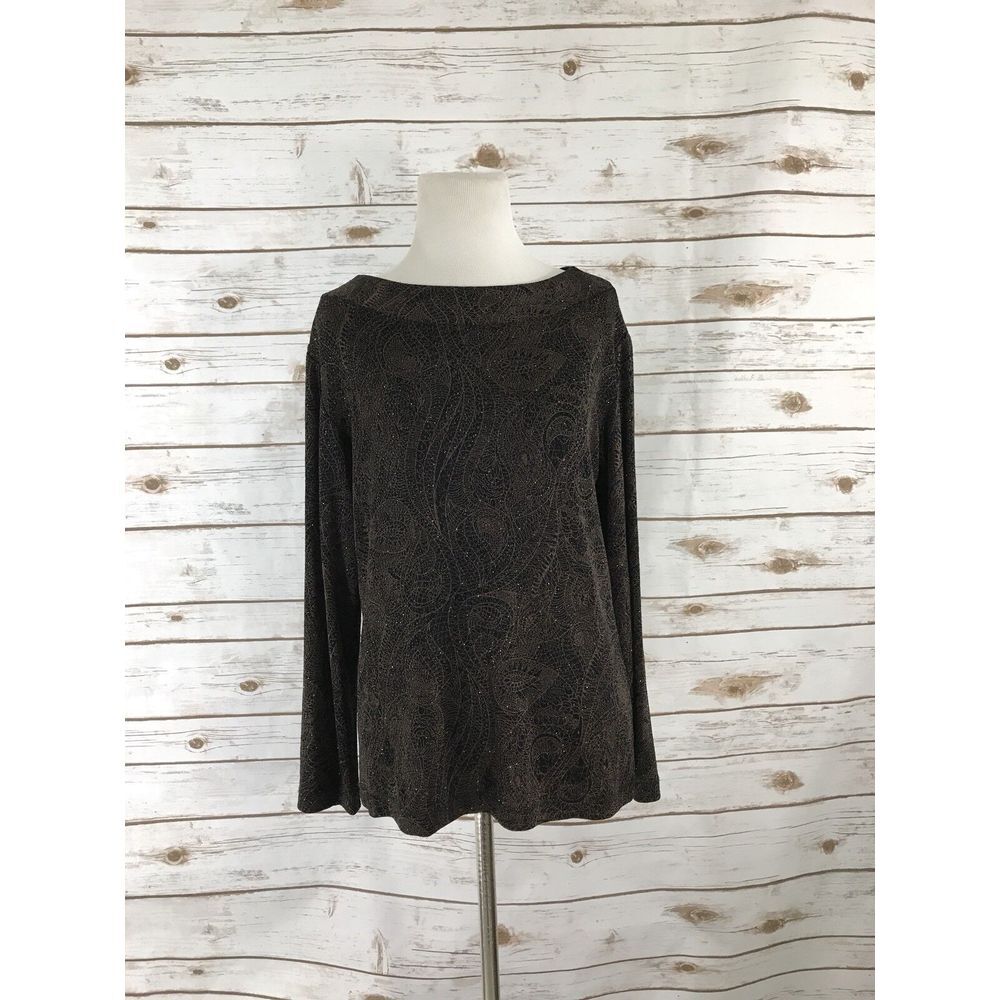 Chicos Travelers Brown Metallic‎ Paisley Bateau Neck Top Size 1 Medium NEW